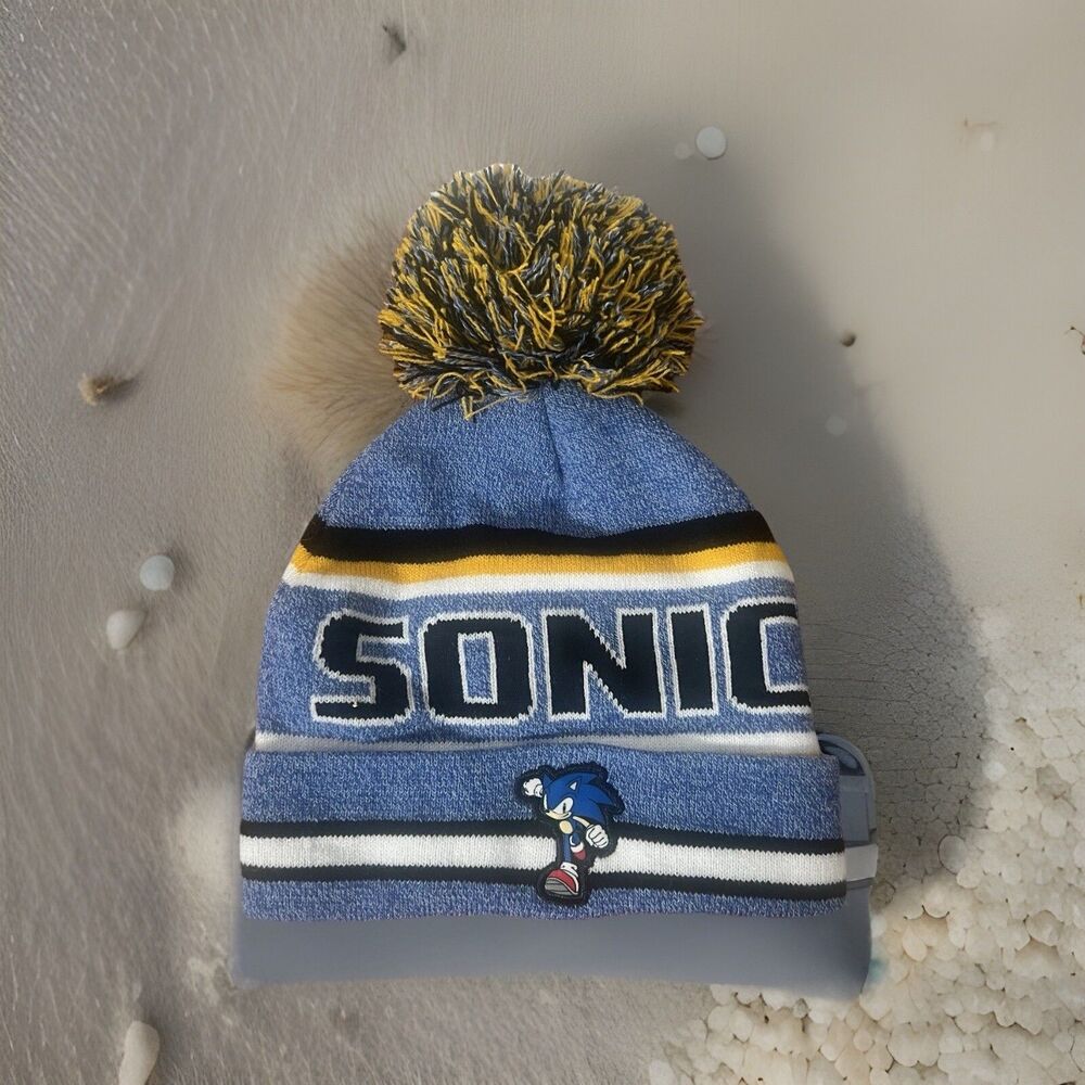 Sonic The Hedgehog Beanie Winter Hat Blue Yellow Knit Boys One Size Sega
